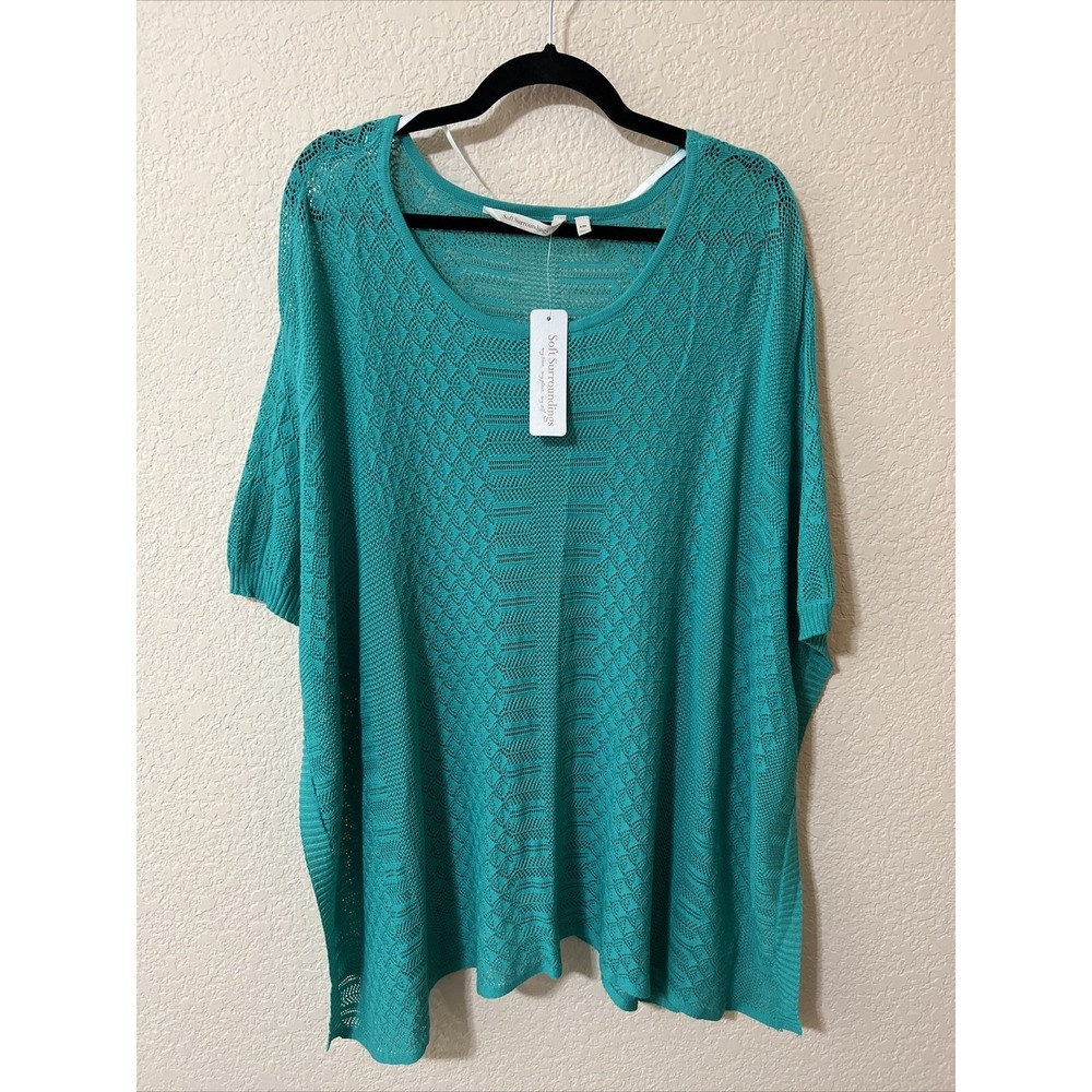 NWT Soft Surroundings Kelly Green Open Knit Crochet Poncho Sweater Sz S/M Boho